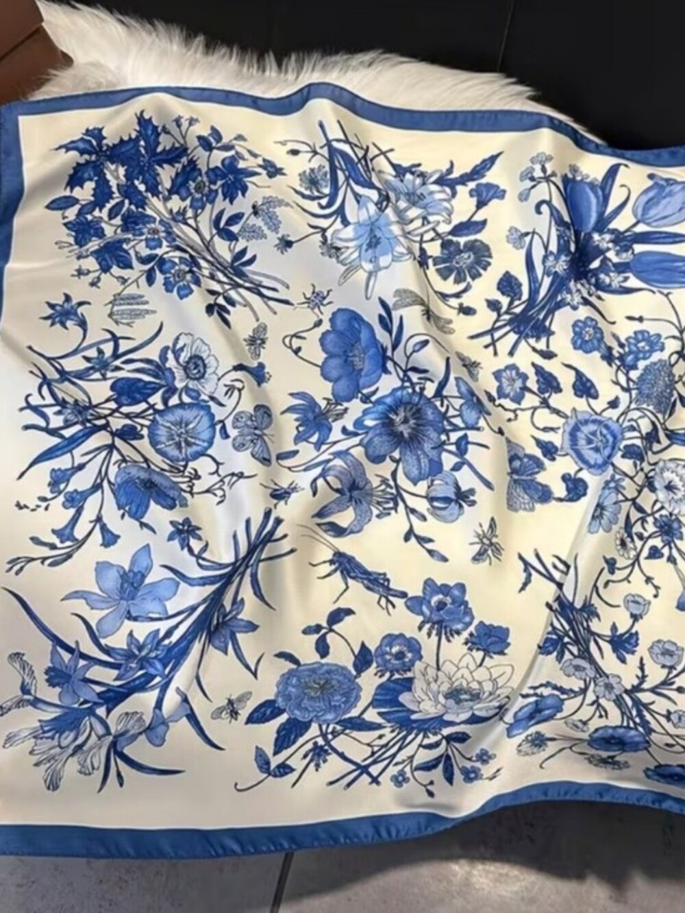 Silk-feel Blue Floral  Scarf - Elegant Women's Wrap